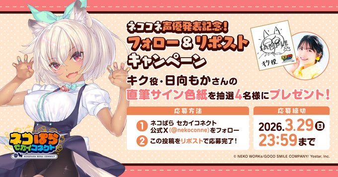 『ネコぱら セカイコネクト』声優発表記念リポストキャンペーン🎁 キク役 #日向もか さんの直筆サイン色紙を 抽選で2名様にプレゼント！✨