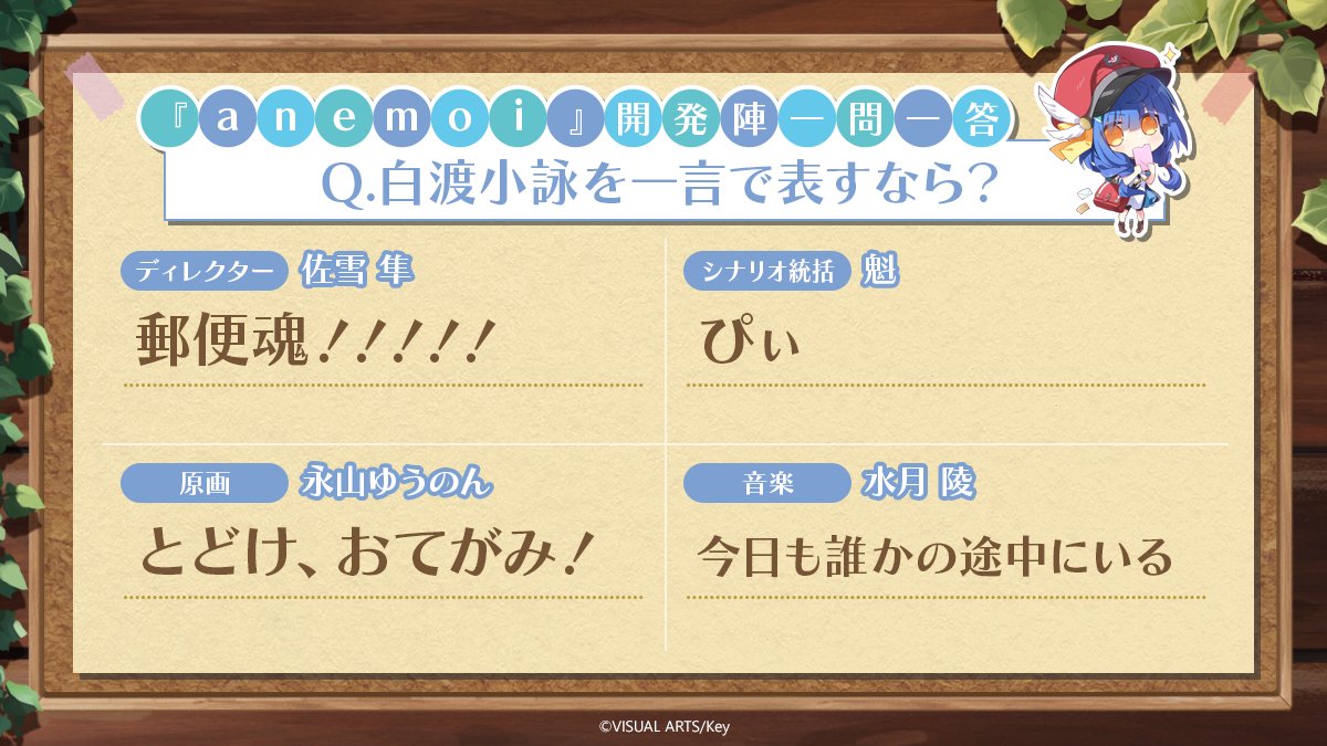 【#アネモイ 発売前振り返り㉖】開発陣への一問一答シリーズ第5問！本日は白渡小詠に関する質問です！