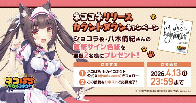『ネコぱら セカイコネクト』カウントダウンキャンペーン🎁 ショコラ役 #八木侑紀 さんの直筆サイン色紙を 抽選で2名様にプレゼント！✨