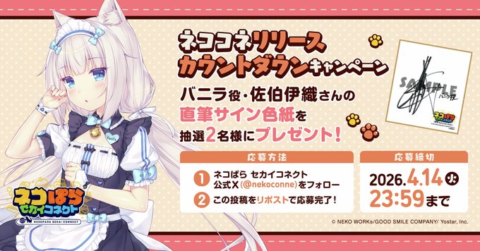 『ネコぱら セカイコネクト』カウントダウンキャンペーン🎁 バニラ役 #佐伯伊織 さんの直筆サイン色紙を 抽選で2名様にプレゼント！✨