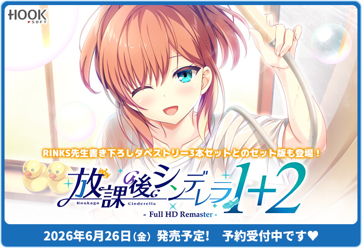【HOOKSOFT】今回は初回版のほかにRINKS先生書き下ろしタペストリー3本セットとのセット版も登場！
