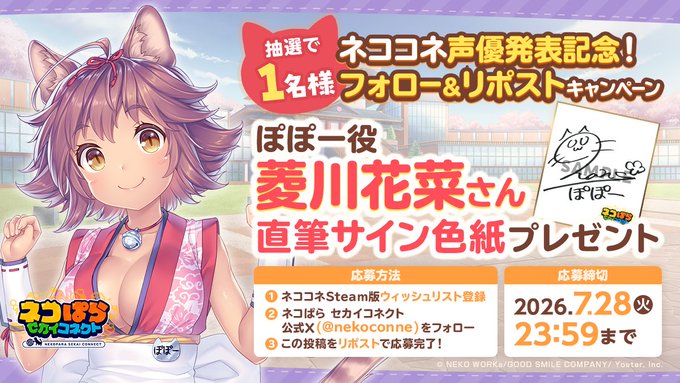 『ネコぱら セカイコネクト』声優発表記念リポストキャンペーン🎁  #菱川花菜 さん直筆サイン色紙を抽選で1名様にプレゼント！✨