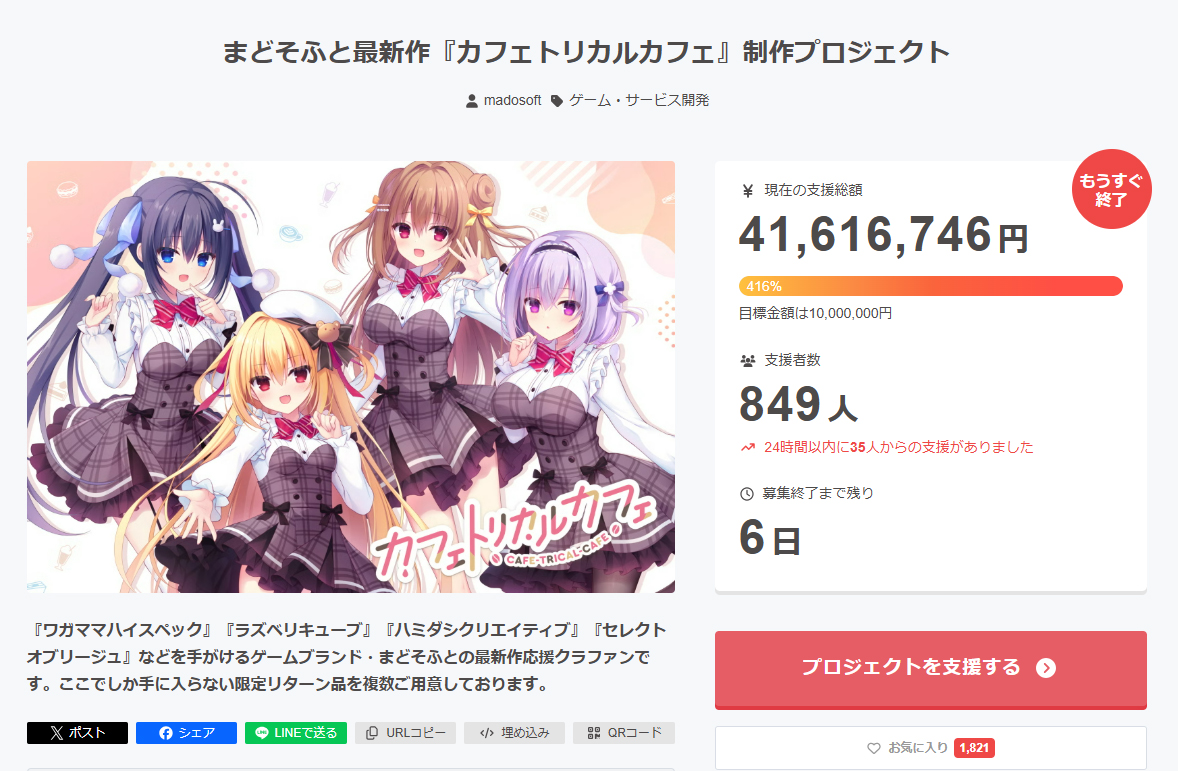 【まどそふと】✨『カフェトリカルカフェ』制作プロジェクト 📢ご支援総額が目標金額の400%を突破！
